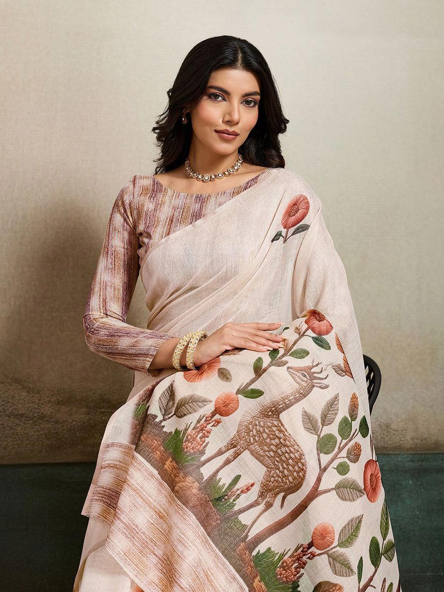 BFM Gajari Linen Floral Ethnic Motifs Saree For Women 1