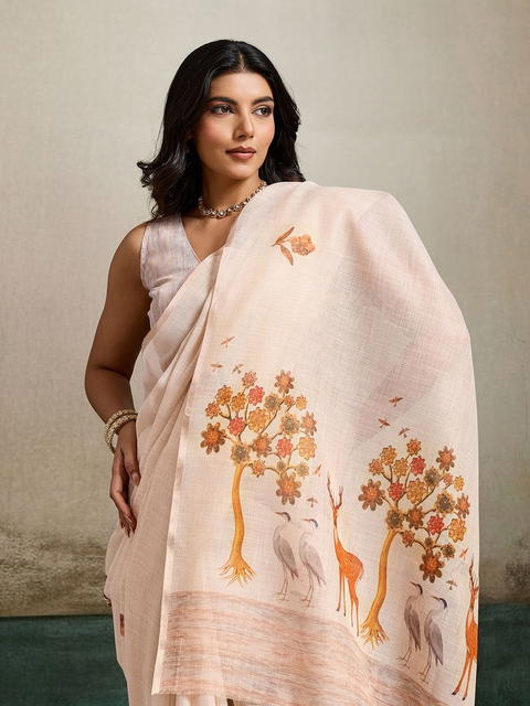 BFM Gajari Linen Floral Ethnic Motifs Saree For Women