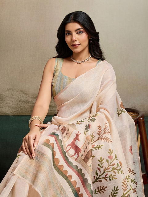 BFM Gajari Linen Floral Ethnic Motifs Saree For Women