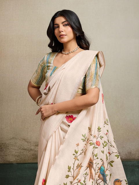 BFM Gajari Linen Floral Ethnic Motifs Saree For Women