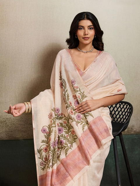 BFM Gajari Linen Floral Ethnic Motifs Saree For Women