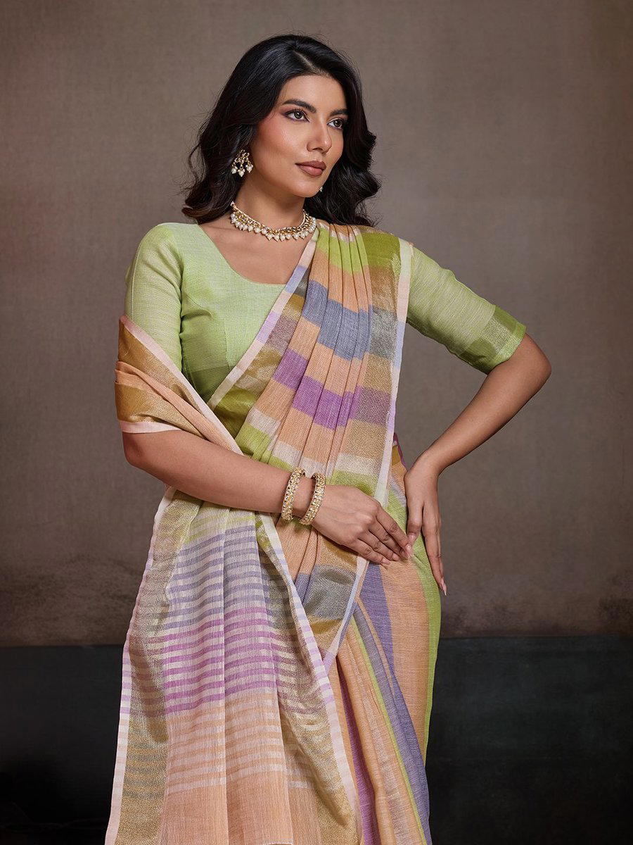 BFM Beige Linen Striped Woven Design Heavy Work Saree For Women 1