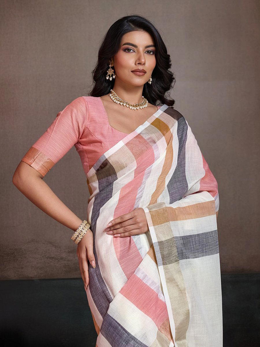 BFM Beige Linen Striped Woven Design Heavy Work Saree For Women 1