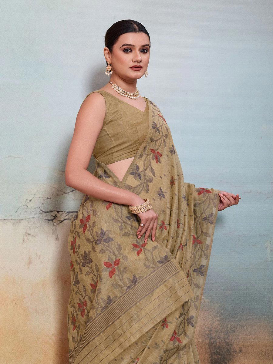 BFM Floral Print Printed Daily Wear Khadi Cotton Blend Saree (Beige) 1