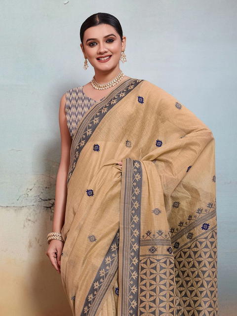 BFM Woven Daily Wear Khadi Cotton Blend Saree (Beige)