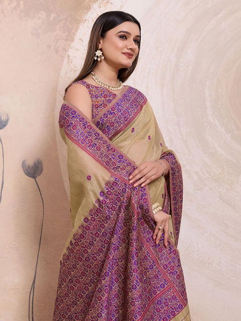 BFM Woven Daily Wear Khadi Cotton Blend Saree (Beige)