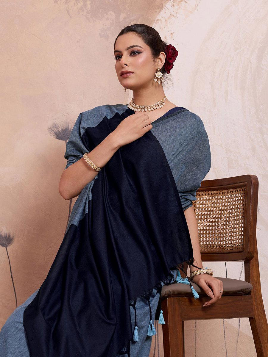 BFM Solid/Plain Daily Wear Handloom Mulmul Saree (Blue) 1