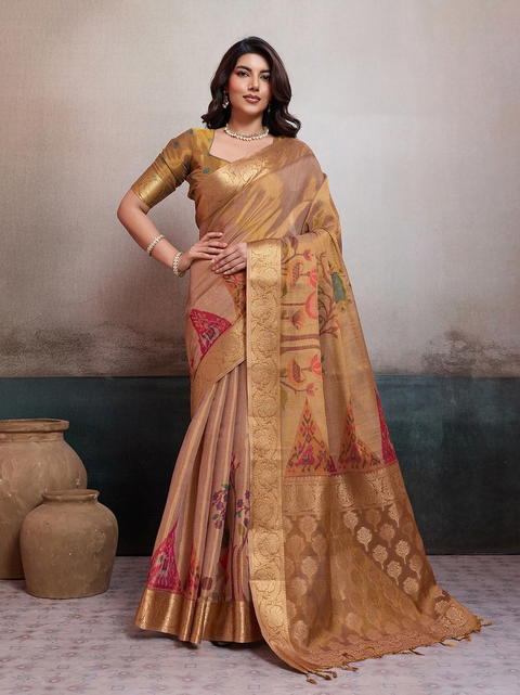 BFM Brown Tissue jacquard Traditional Saree For Women with Rich Pallu & Zari Border