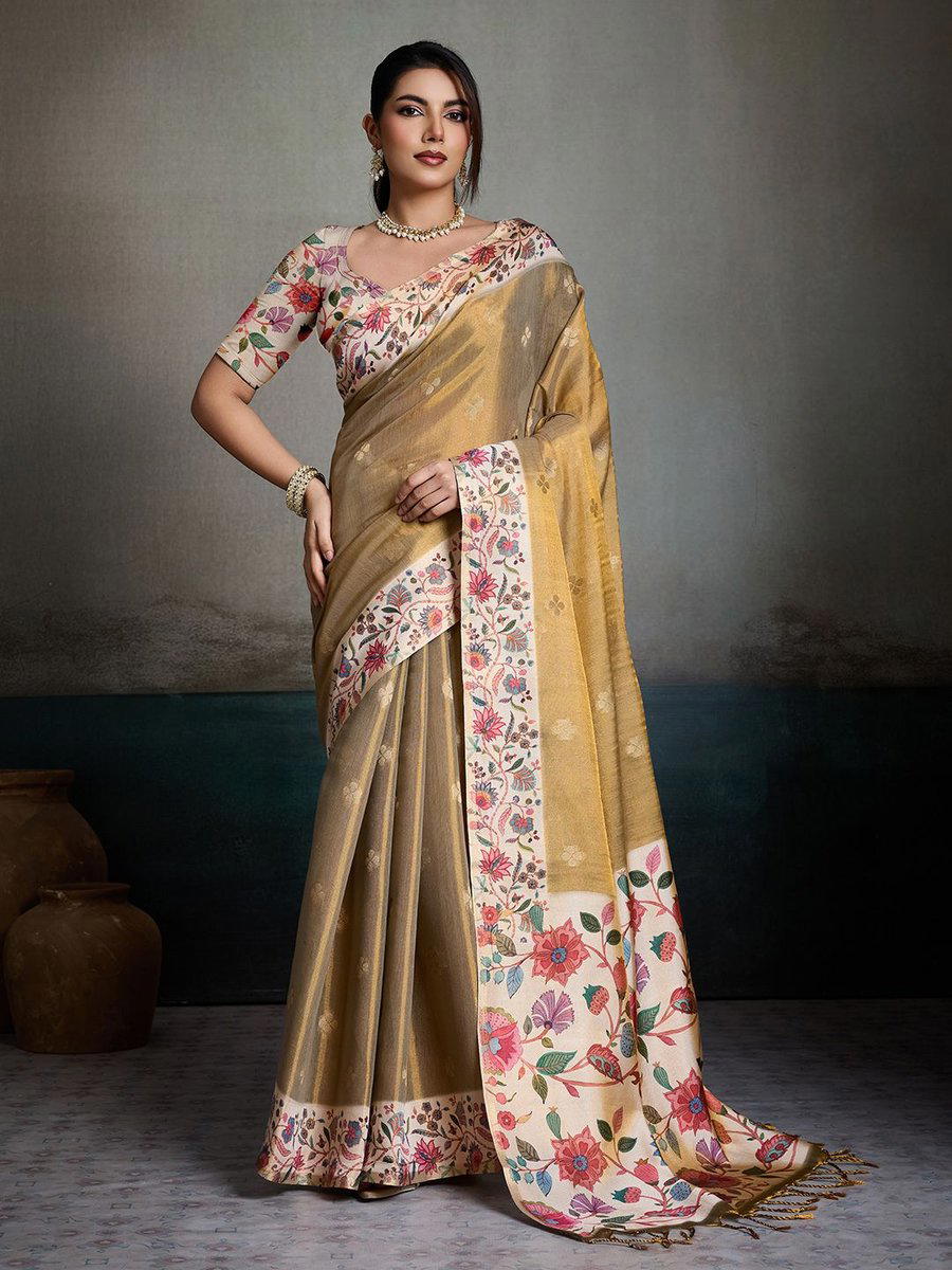 BFM Golden Green Floral Border Tissue Jacquard Designer Saree For Women with Traditional Draping 1