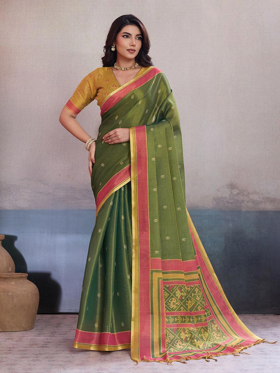 BFM Green linen Jacquard Saree For Women with Rich Pallu & Zari Border 1