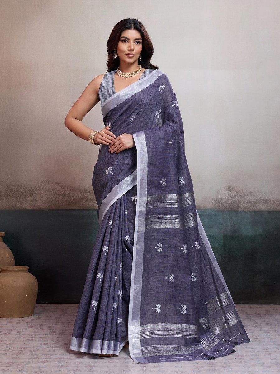 BFM Grey Linen Jacquard Saree For Women with Elegant Silver Border & Butis 1