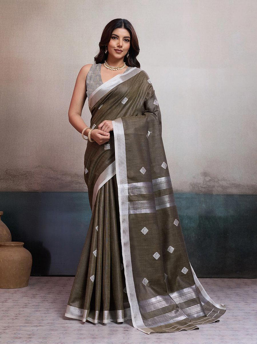 BFM Mehndi Linen Jacquard Saree For Women with Traditional Silver Weave 1