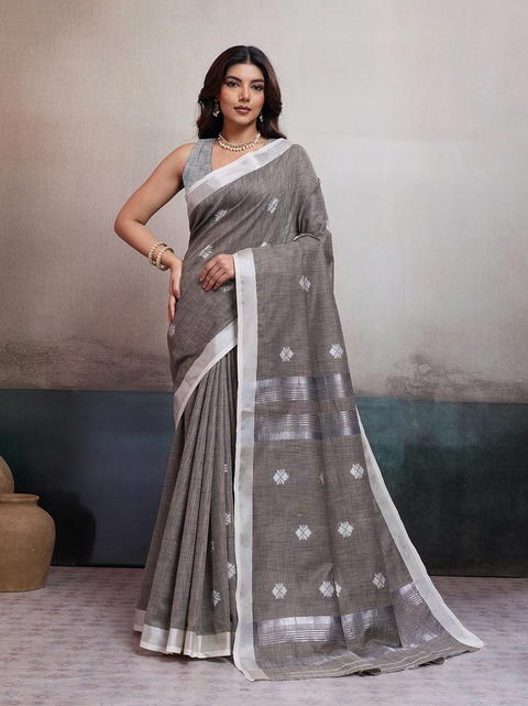 BFM Grey Linen Jacquard Saree For Women with Silver Zari Pallu