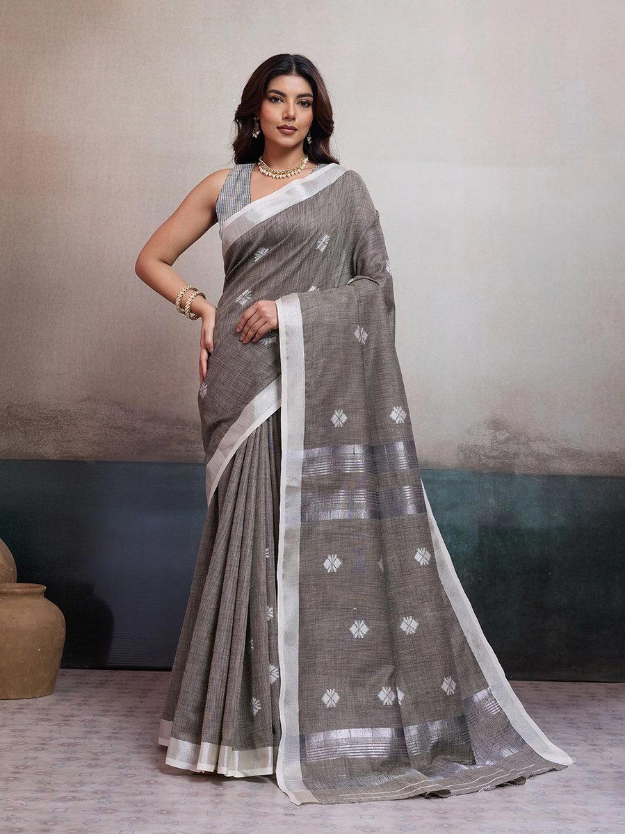 BFM Grey Linen Jacquard Saree For Women with Silver Zari Pallu 1