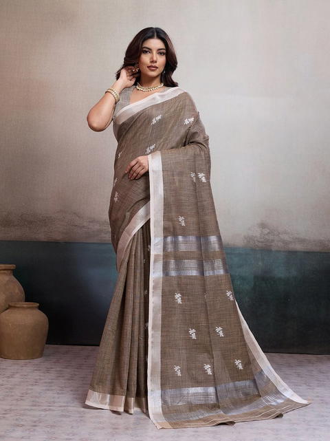 BFM Brown Linen Jacquard Saree For Women with Silver Zari Pallu