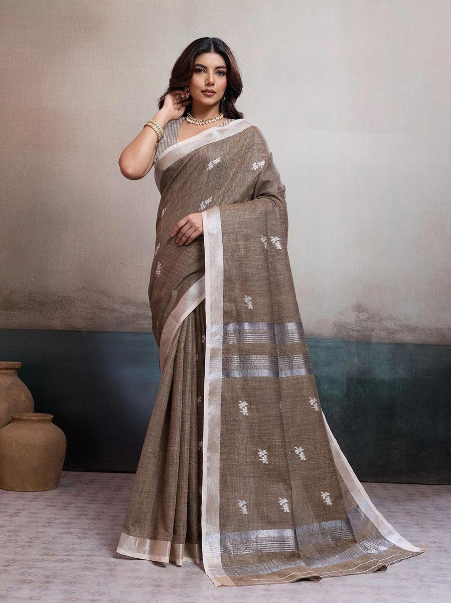 BFM Brown Linen Jacquard Saree For Women with Silver Zari Pallu 1
