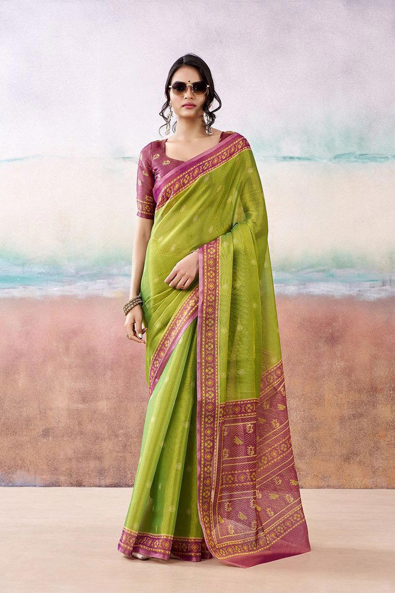 BFM Green Tissue Traditional Saree For Women with Printed Border 1