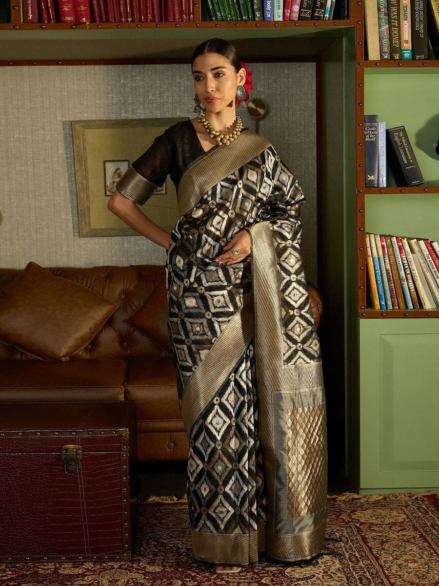 BFM Black Linen Cotton Traditional Saree For Women with zari woven design 1