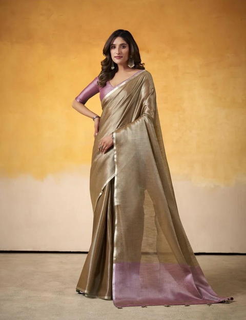 BFM Brown tissue Traditional Saree For Women with Solid design