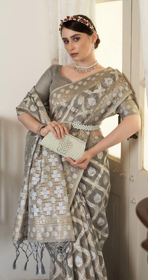 BFM Woven Bollywood Cotton Blend Saree (Grey)