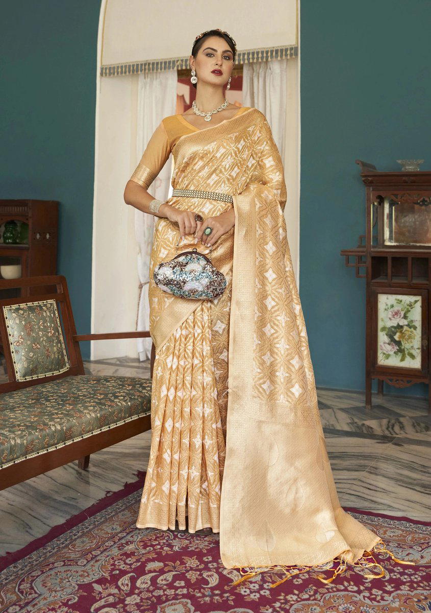 BFM Woven, Embroidered, Embellished Bollywood Cotton Blend Saree (Yellow) 1