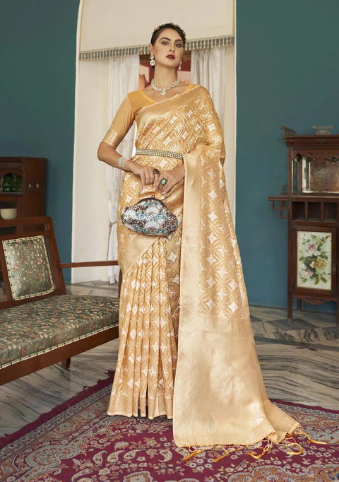 BFM Woven, Embroidered, Embellished Bollywood Cotton Blend Saree (Yellow)