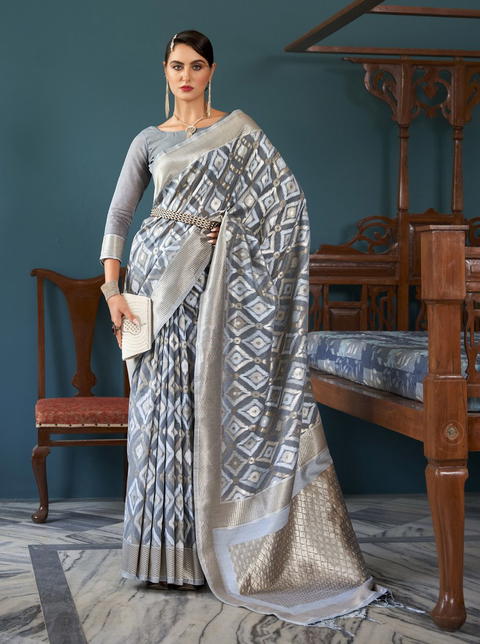BFM Woven Banarasi Silk Blend Saree (Grey)