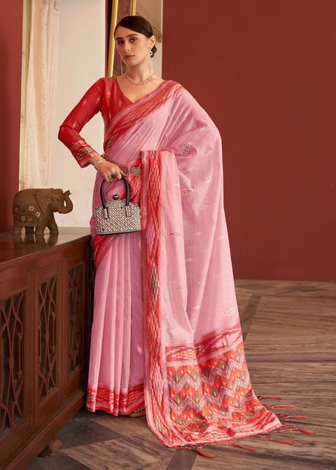 BFM Woven, Embroidered Bollywood Cotton Blend Saree (Red)