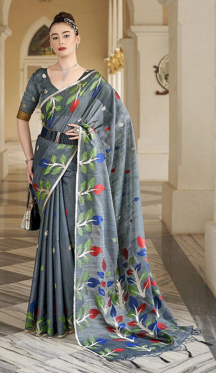 BFM Floral Print, Embellished Bhagalpuri Linen Sarees Saree 1