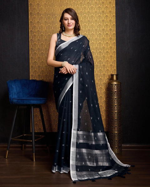 BFM Geometric Print, Woven Bollywood Linen Sarees Saree (Dark Blue)