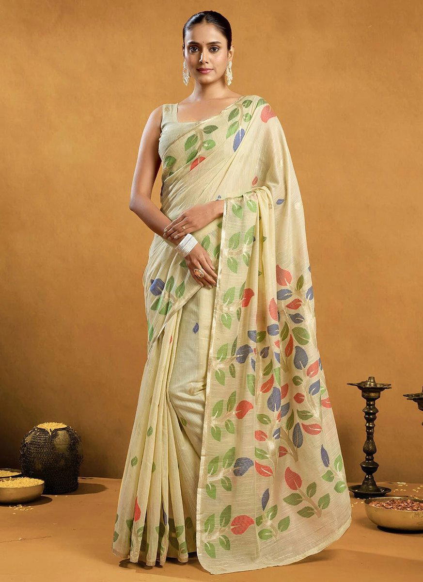 BFM Floral Print, Embellished Bhagalpuri Linen Sarees Saree (Cream) 1