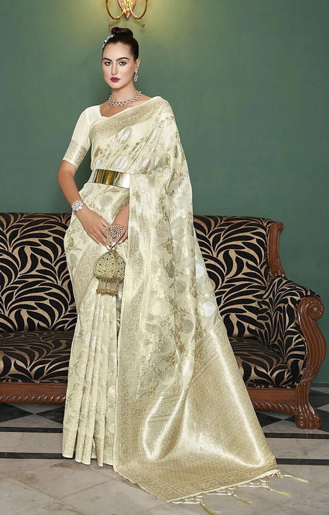 BFM Embellished Banarasi Silk Blend Saree (Cream)