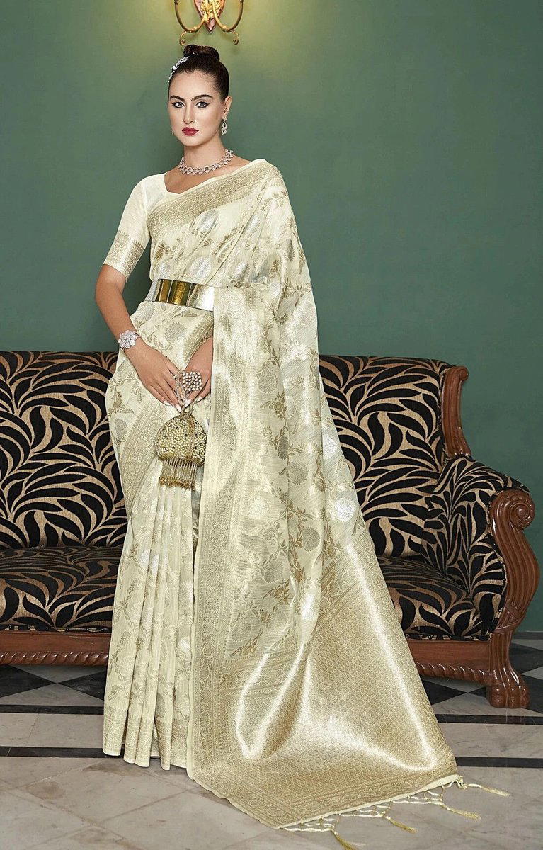 BFM Embellished Banarasi Silk Blend Saree (Cream) 1