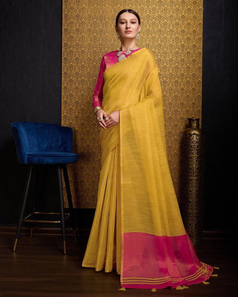BFM Solid/Plain, Woven Bollywood Linen Sarees Saree