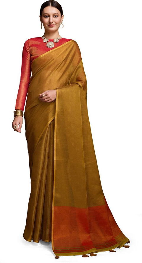 BFM Solid/Plain, Woven Bollywood Linen Sarees Saree