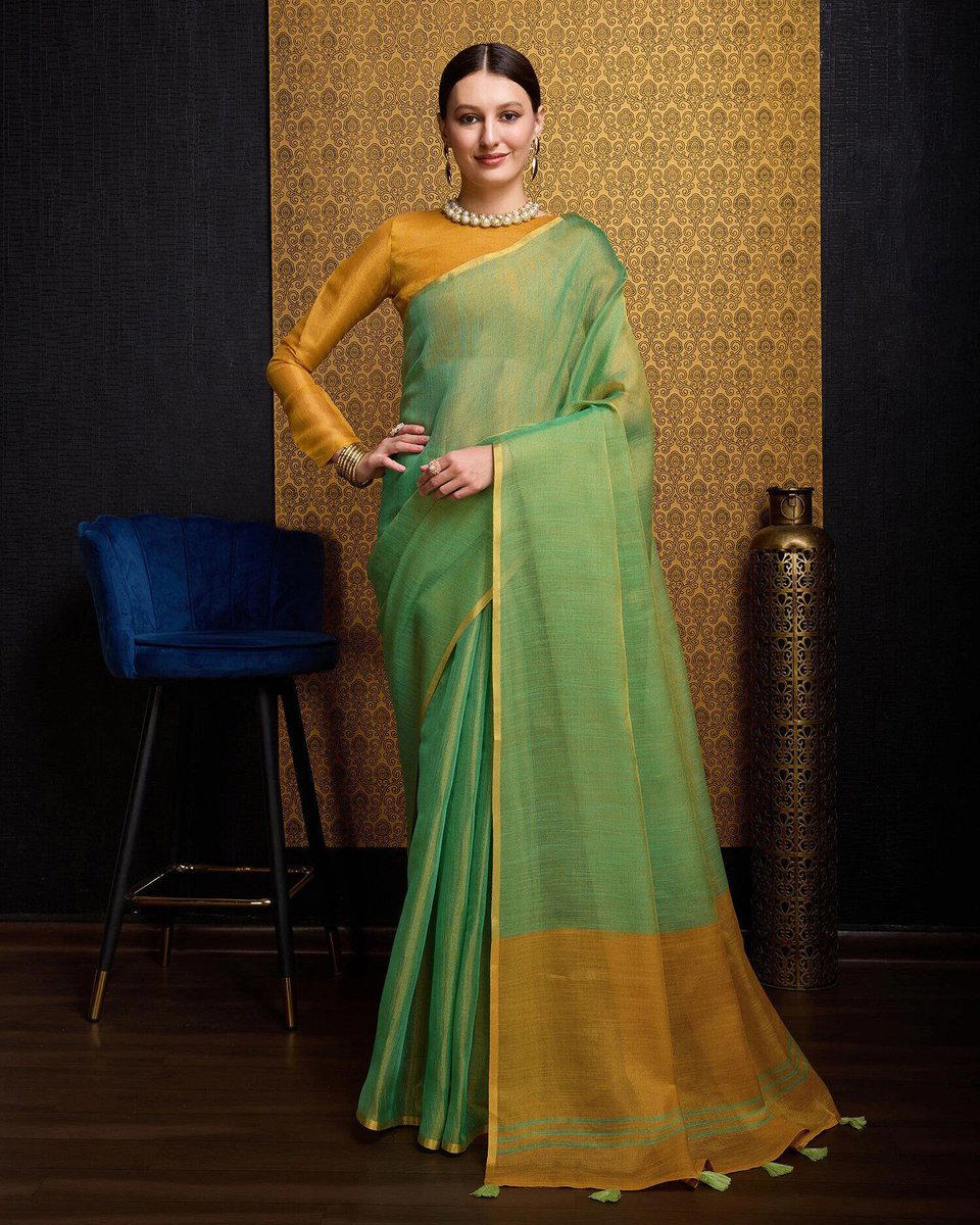 BFM Solid/Plain, Woven Bollywood Linen Sarees Saree (Green) 1