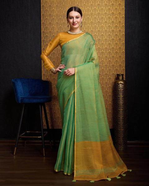 BFM Solid/Plain, Woven Bollywood Linen Sarees Saree (Green)