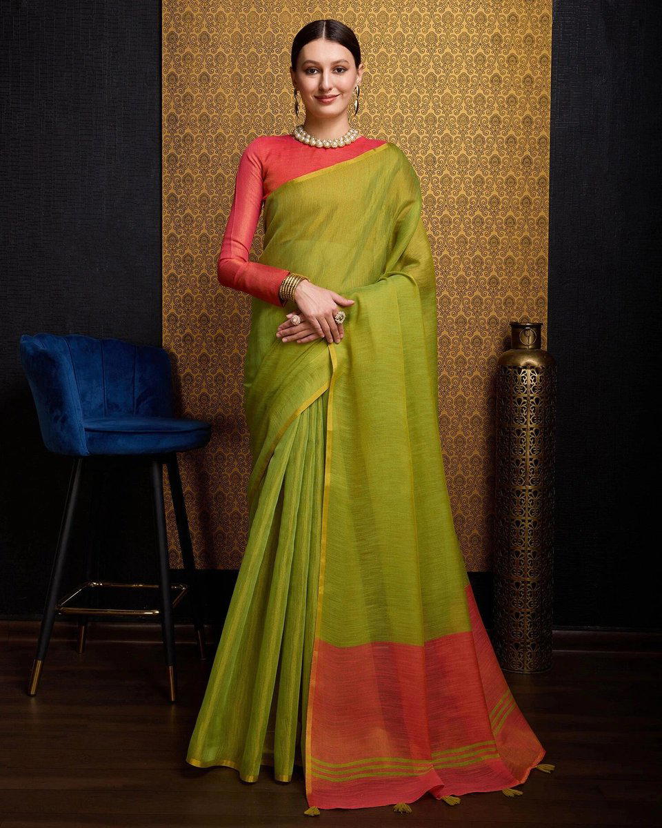 BFM Solid/Plain, Woven Bollywood Linen Sarees Saree 1