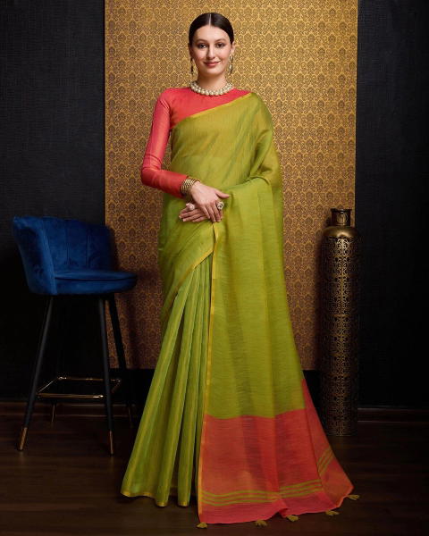 BFM Solid/Plain, Woven Bollywood Linen Sarees Saree