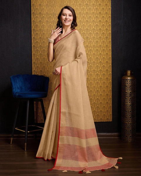 BFM Solid/Plain, Woven Bollywood Linen Sarees Saree (Gold)