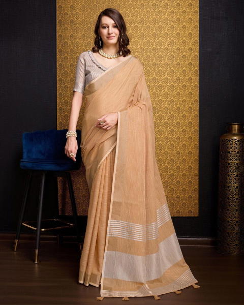 BFM Solid/Plain, Woven Bollywood Linen Sarees Saree