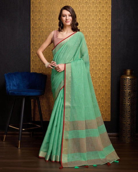 BFM Solid/Plain, Woven Bollywood Linen Sarees Saree