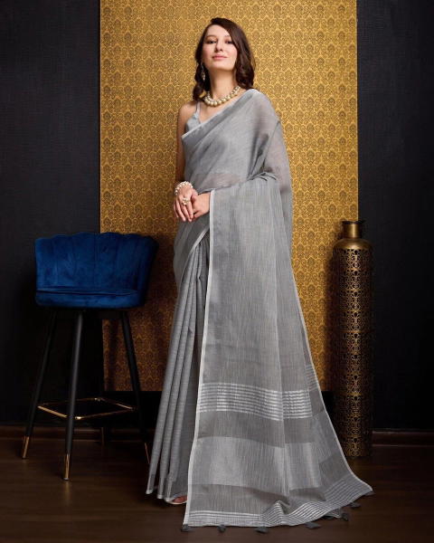 BFM Solid/Plain, Woven Bollywood Linen Sarees Saree