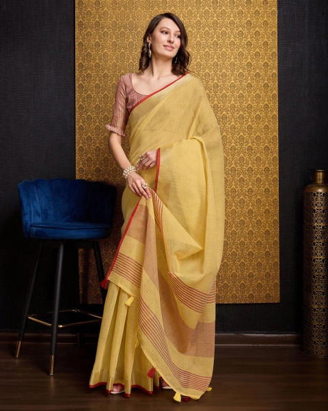 BFM Solid/Plain, Woven Bollywood Linen Sarees Saree