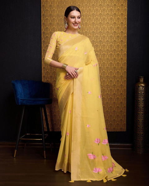 BFM Floral Print Bollywood Cotton Blend Saree