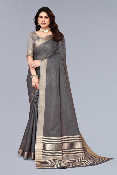 BFM Solid/Plain, Woven, Self Design Saree with Attached Blouse Linen Sarees Saree (Grey)