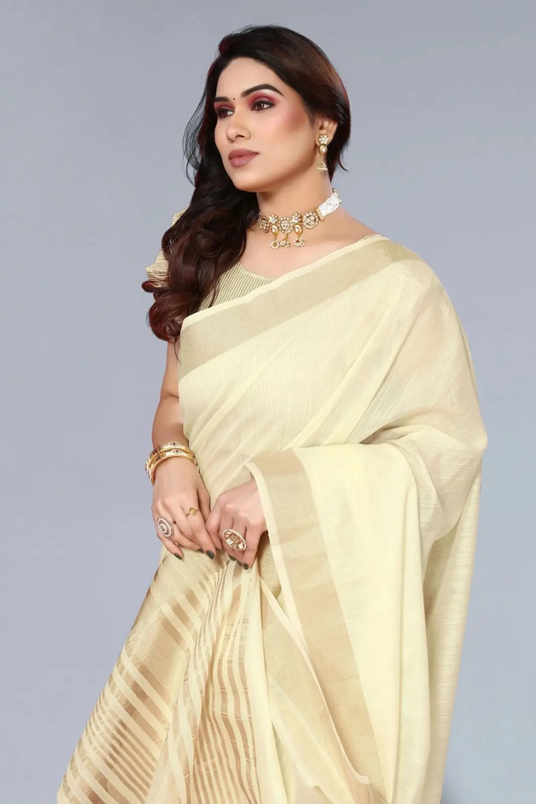 BFM Solid/Plain, Woven, Self Design Saree with Attached Blouse Linen Sarees Saree 1