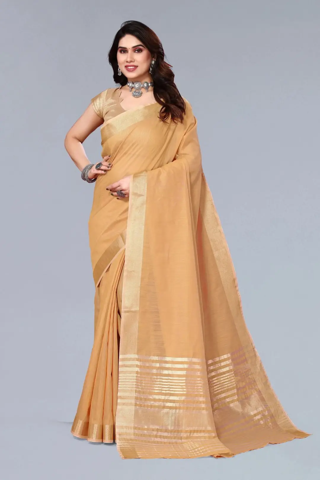 BFM Solid/Plain, Woven, Self Design Saree with Attached Blouse Linen Sarees Saree 1