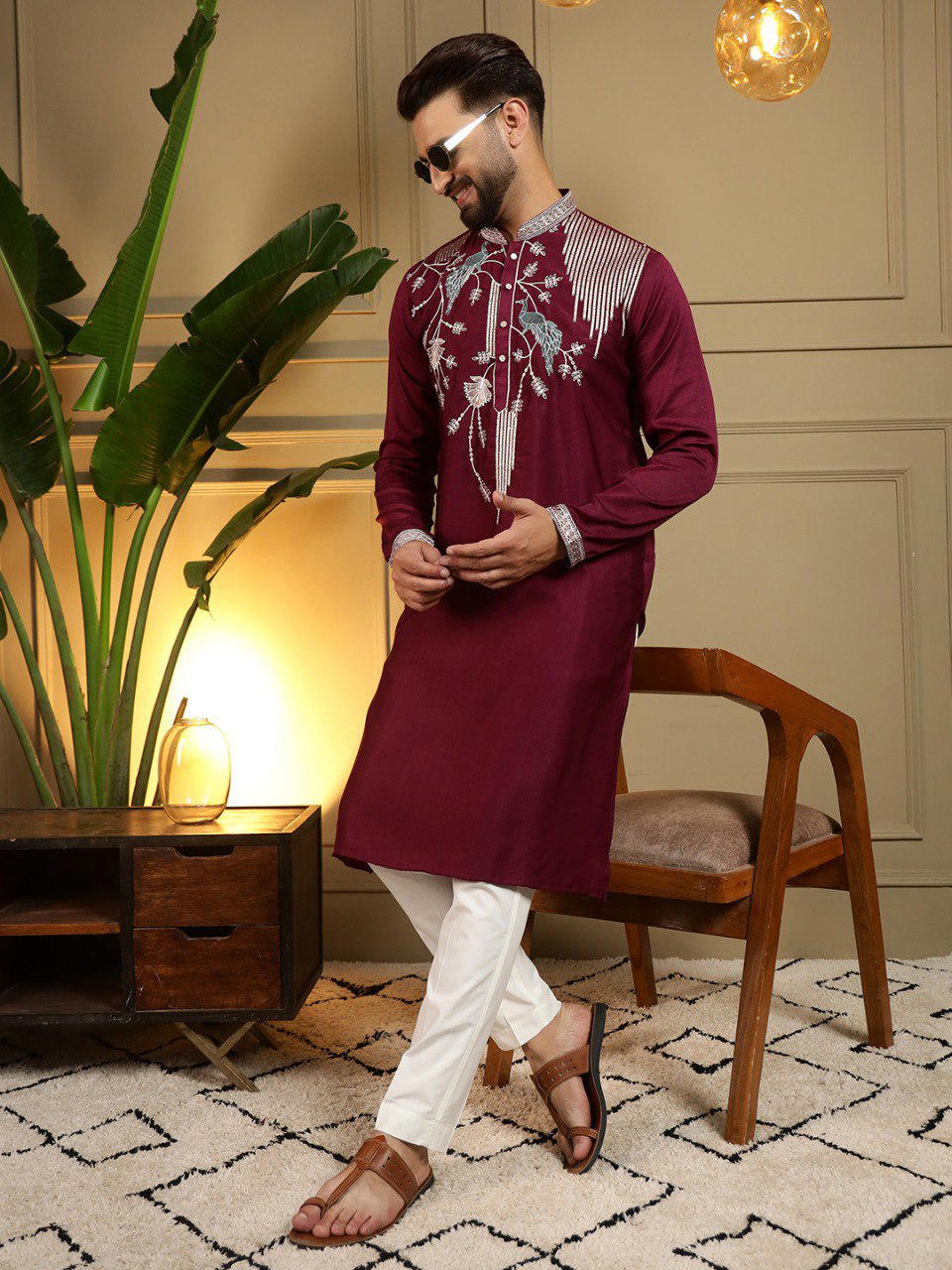 MEN-KURTA-PEACOCK-EMB-BEIGE- 1