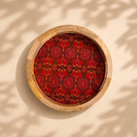 Arc & Petal Round Wooden Tray (10-inch) | Decorative Serving Tray for Home & Kitchen